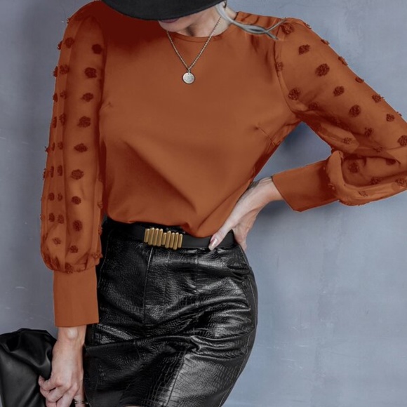 Navy blue Swiss Dot Sheer Sleeve Chic Blouse Work Minimalist - Picture 4 of 8